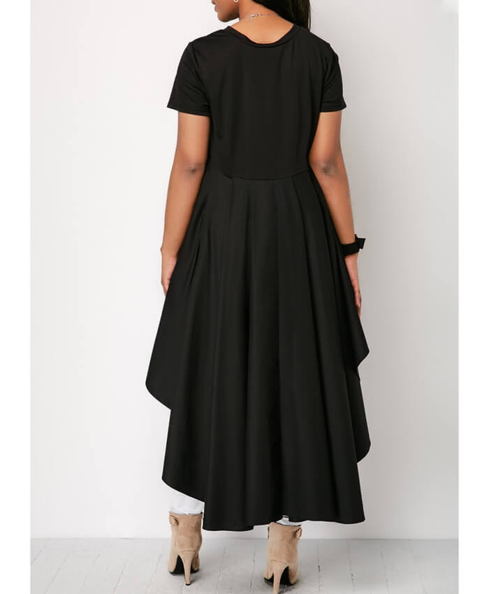 Round Neck Short Sleeve Black High Low Blouse